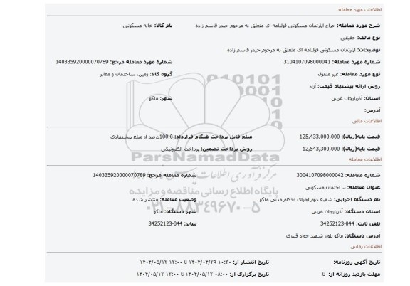 مزایده، اپارتمان مسکونی قولنامه ای  متعلق به مرحوم حیدر قاسم زاده