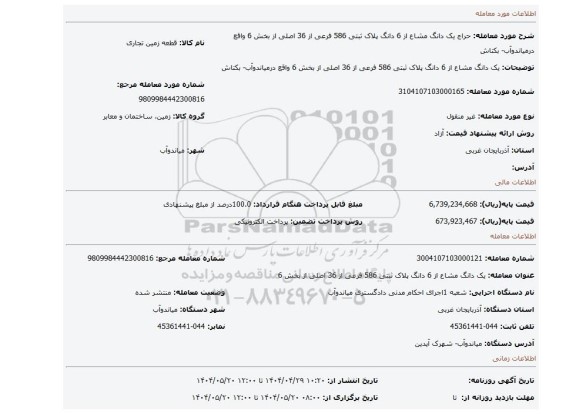 مزایده، یک دانگ مشاع از 6 دانگ پلاک ثبتی 586 فرعی از 36 اصلی از بخش 6 واقع درمیاندوآب- بکتاش