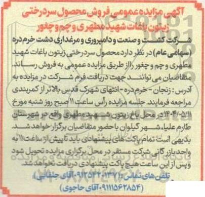  مزایده عمومی فروش محصول سردرختی زیتون باغات شهید مطهری و چم و چغور 