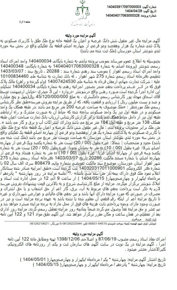 مزایده یک قطعه خانه با کاربری مسکونی به پلاک ثبتی شماره یک هزار و هفتصد و دو فرعی از چهارده اصلی