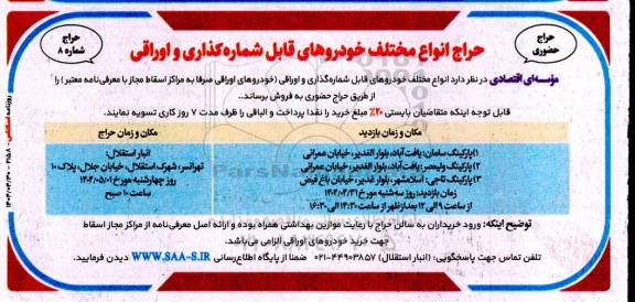 حراج حضوری انواع مختلف خودروهای قابل شماره گذاری و اوراقی