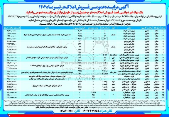 مزایده عمومی فروش املاک در تیرماه 