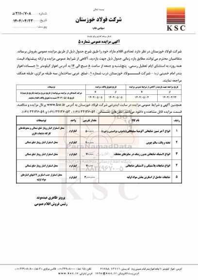 مزایده عمومی فروش تعدادی اقلام مازاد، انواع آجر نسوز ضایعاتی....