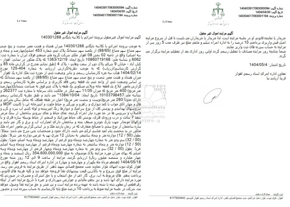 مزایده ششدانگ پلاک ثبتی شماره 453 اصلی 