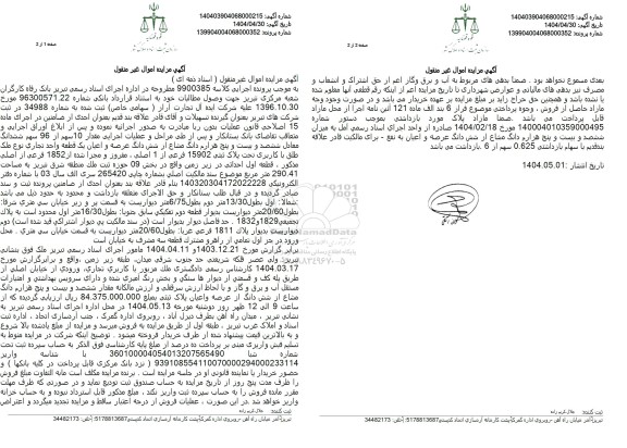 مزایده فروش یک قطعه واحد تجاری با پلاک ثبتی 15902 فرعی از 1 اصلی