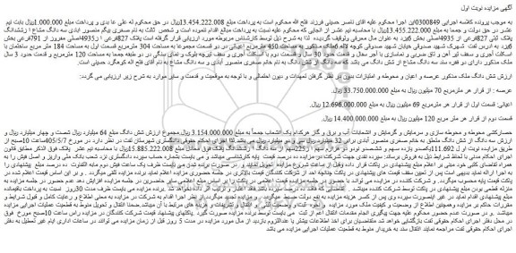 مزایده سه دانگ مشاع ا زششدانگ پلاک ثبتی 827فرعی از 4935اصلی