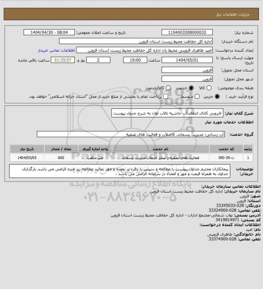 استعلام لایروبی کانال انتقال آب حاشیه تالاب اوان به شرح جدول پیوست