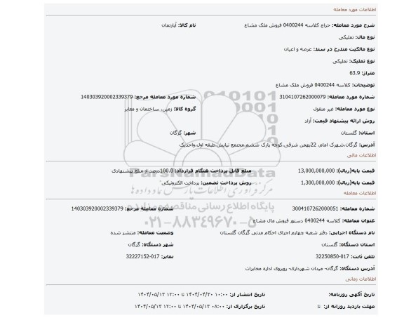 مزایده، کلاسه 0400244 فروش ملک مشاع