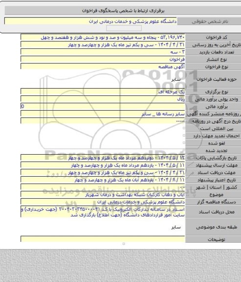 مناقصه, ایاب و ذهاب کارکنان شبکه بهداشت و درمان شهریار