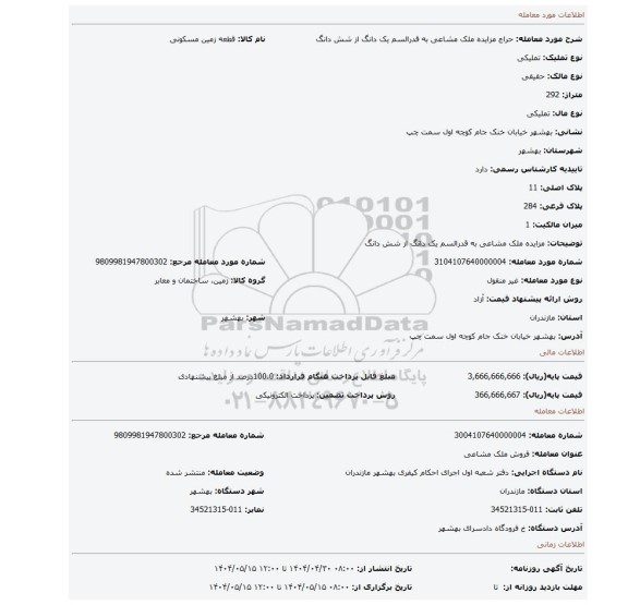 مزایده، مزایده ملک مشاعی به قدرالسم یک دانگ از شش دانگ