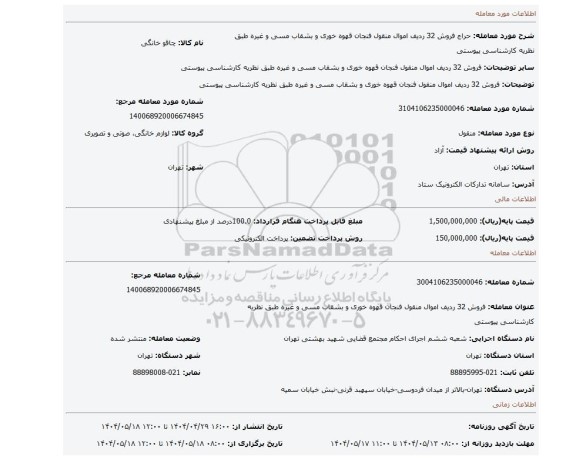 مزایده، فروش  32 ردیف اموال منقول فنجان قهوه خوری و بشقاب مسی و غیره طبق نظریه کارشناسی پیوستی