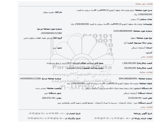 مزایده، مزایده مال منقول (خودرو MVM110مدل 90سه سیلندر به قیمت 1/500/000/000 ریال
