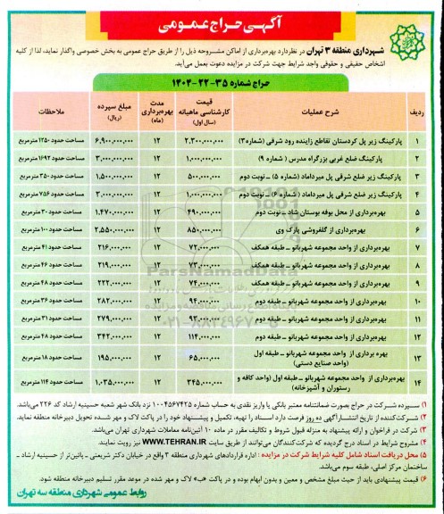 آگهی حراج عمومی بهره برداری از اماکن پارکینگ زیر پل...