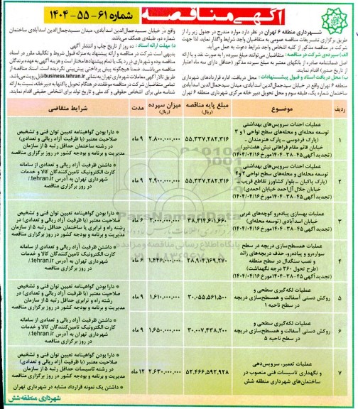مناقصه عملیات احداث سرویس های بهداشتی توسعه محله ای و محله های سطح نواحی 1 و 3...