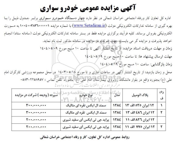 مزایده فروش خودرو سواری