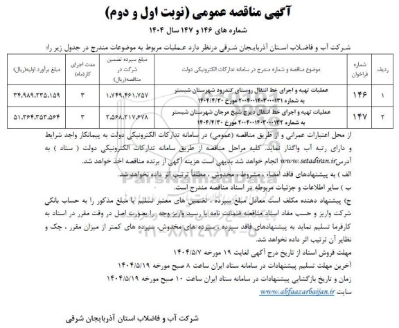مناقصه عملیات تهیه و اجرای خط انتقال روستای کندرود.....