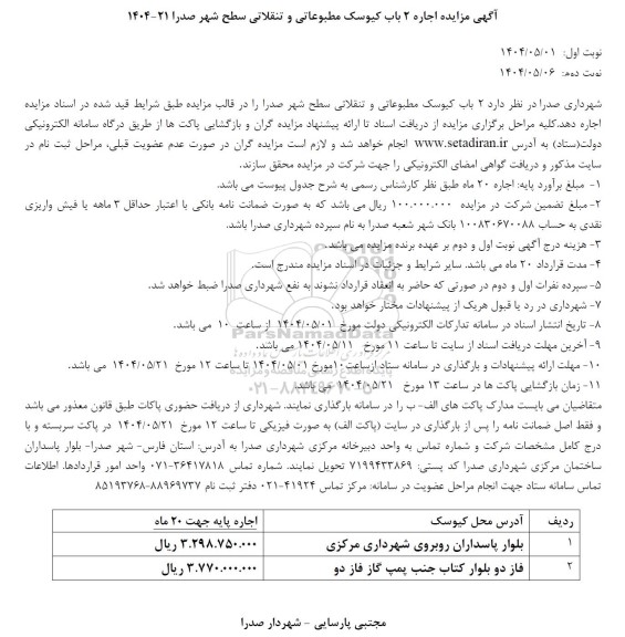 مزایده اجاره 2 باب کیوسک مطبوعاتی و تنقلاتی سطح شهر