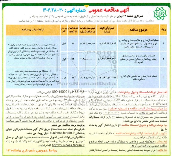 مناقصه عملیات بازسازی و مناسب سازی پیاده رو انهار و جداول در سطح معابر خیابانهای .....