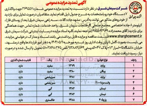 مزایده واگذاری 7 دستگاه خودرو تمدید