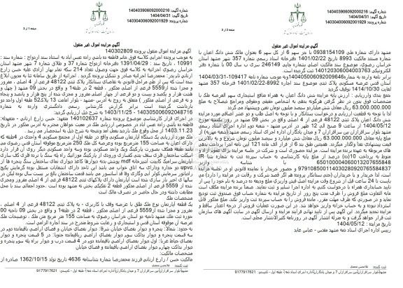 مزایده فروش ملک با پلاک ثبتی 48122 فرعی از 4 اصلی