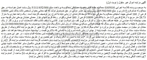 مزایده یک واحد تجاری به متراژ 28.73 متر مربع با ارتفاع تقریبی 3.5 متر با پلاک ثبتی 10899 فرعی از 160 اصلی