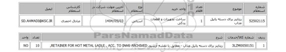 استعلام ریتاینر برای دسته پاتیل مذاب