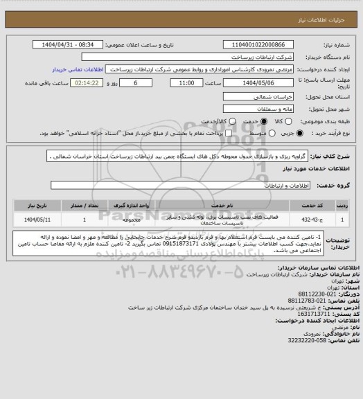 استعلام گراویه ریزی و بازسازی جدول  محوطه دکل های ایستگاه چمن بید ارتباطات زیرساخت استان خراسان شمالی .