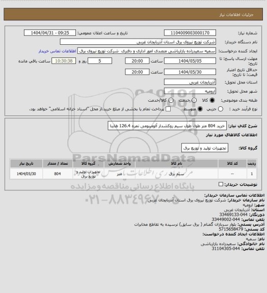 استعلام خرید 804 متر طول طول سیم روکشدار آلومینومی نمره 126.4 هاینا