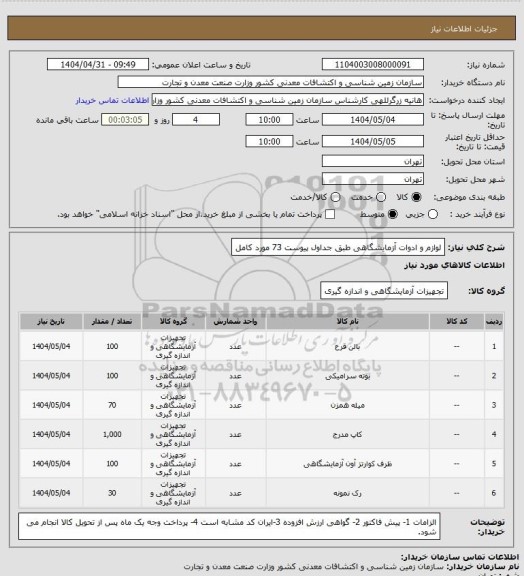 استعلام لوازم و ادوات آزمایشگاهی طبق جداول پیوست 73 مورد کامل