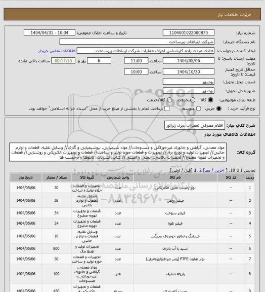 استعلام اقلام مصرفی تعمیرات دیزل ژنراتور