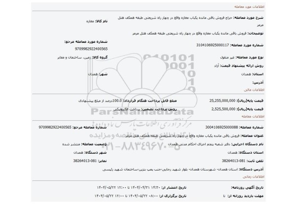 مزایده، فروش باقی مانده یکباب مغازه واقع در چهار راه شریعتی طبقه همکف هتل مرمر