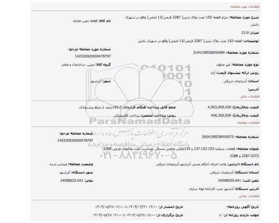 مزایده،  قطعه 152 تحت پلاک ثبتی( 2287 فرعی/13 اصلی) واقع در شهرک دانش