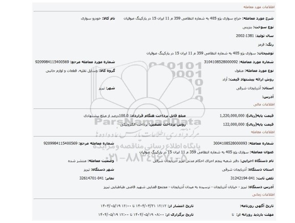 مزایده، سواری پژو 405 به شماره انتظامی 359 م 11 ایران 15 در پارکینگ صوفیان