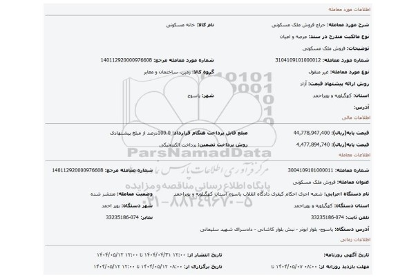 مزایده، فروش ملک مسکونی