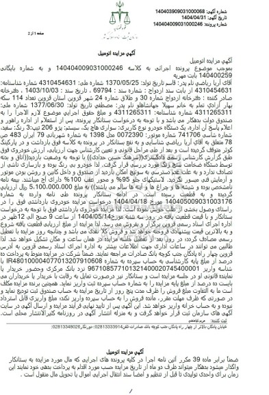 مزایده یک دستگاه سواری هاچ بک پژو 206 تیپ 3 رنگ سفید مدل 1398