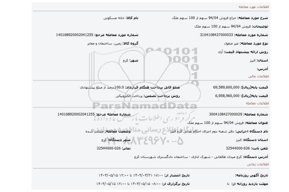 مزایده، فروش 94/04 سهم از 100 سهم   ملک