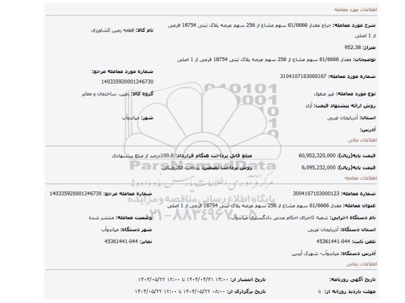 مزایده، مقدار 61/6666 سهم مشاع از 256 سهم عرصه پلاک ثبتی 18754 فرعی از 1 اصلی
