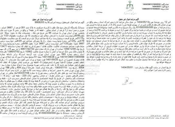 مزایده ششدانگ یک دستگاه آپارتمان مسکونی به پلاک ثبتی 351 فرعی از 3667 اصلی
