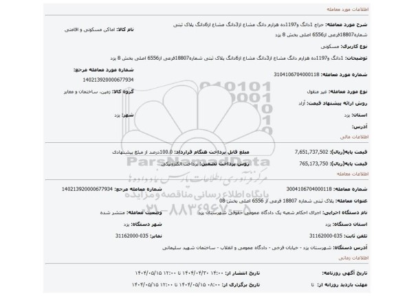 مزایده، 1دانگ و1197ده هزارم دانگ مشاع از3دانگ مشاع از6دانگ پلاک ثبتی شماره18807فرعی از6556 اصلی بخش 8 یزد