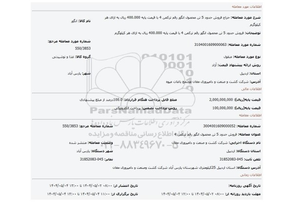 مزایده، فروش حدود 5 تن محصول انگور رقم ترکمن 4 با قیمت پایه 400.000 ریال به ازای هر کیلوگرم