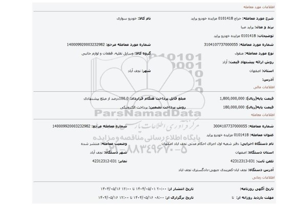 مزایده، 0101418 مزایده خودرو پراید
