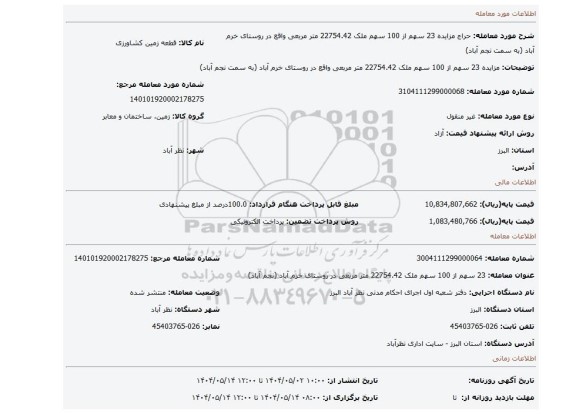 مزایده، مزایده 23 سهم از 100 سهم ملک 22754.42 متر مربعی واقع در روستای خرم آباد (به سمت نجم آباد)