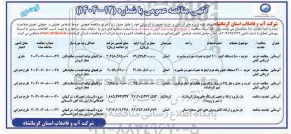 مناقصه پروژه های آبرسانی و خرید تجهیزات آبرسانی -نوبت دوم
