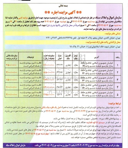  مزایده اجاره تعدادی از املاک تجاری   