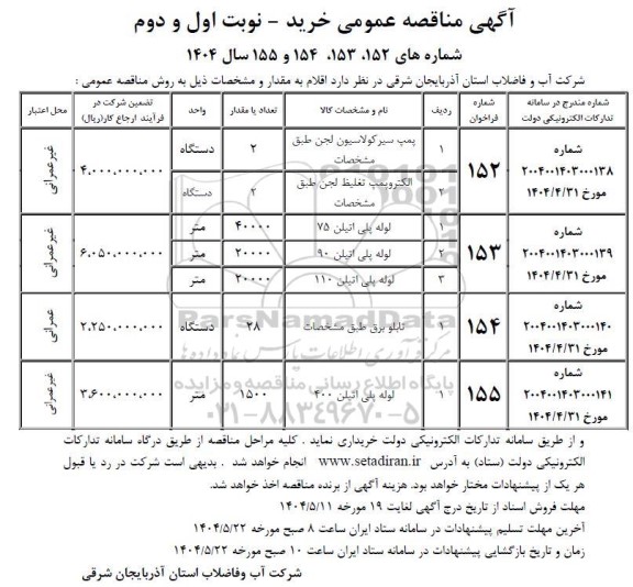 مناقصه پمپ سیرکولاسیون لجن ...