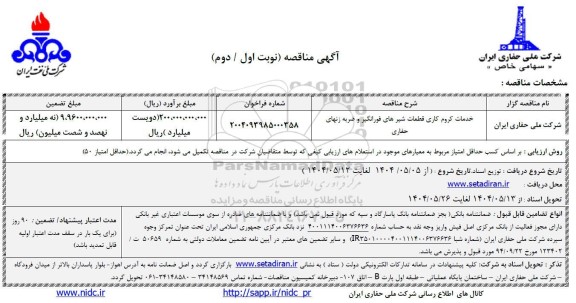 مناقصه خدمات کروم کاری قطعات شیرهای فورانگیر و ضربه زنهای حفاری