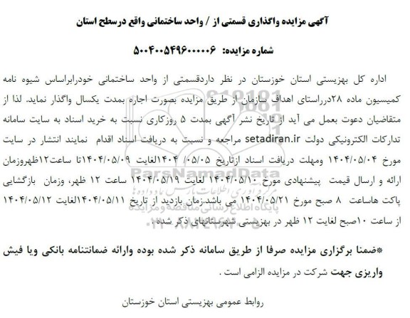 مزایده واگذاری قسمتی از واحد ساختمانی 