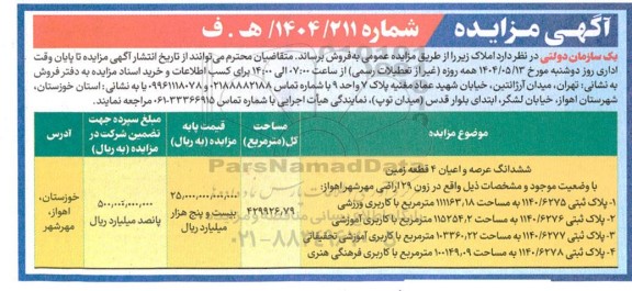 مزایده فروش املاک 