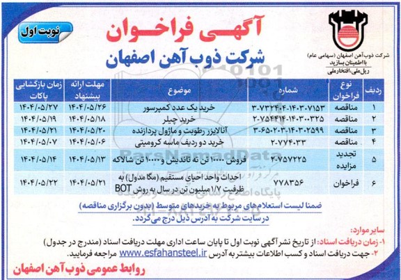 مناقصه و مزایده خرید یک عدد کمپرسور....