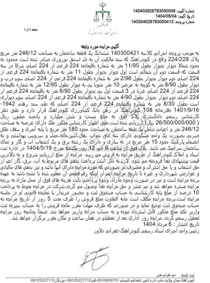 مزایده فروش یک قطعه ساختمان به مساحت 246.12 مترمربع 